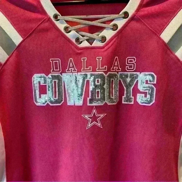 Dallas Cowboys V neck ladies cut PINK with sequins HER STYLE game day jersey-S - Picture 6 of 6
